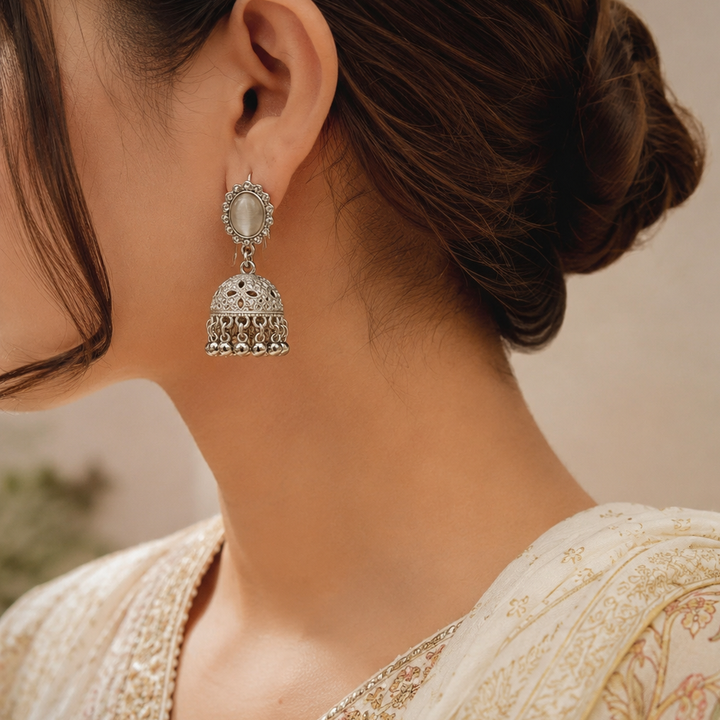 Silver Plated Crystal Jhumka Earrings for Women 2 Pcs