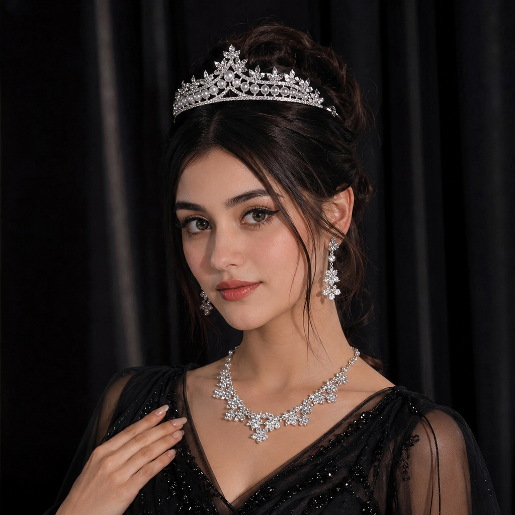Pakistani Bridal Crown Necklace Earrings Set with Rhinestones