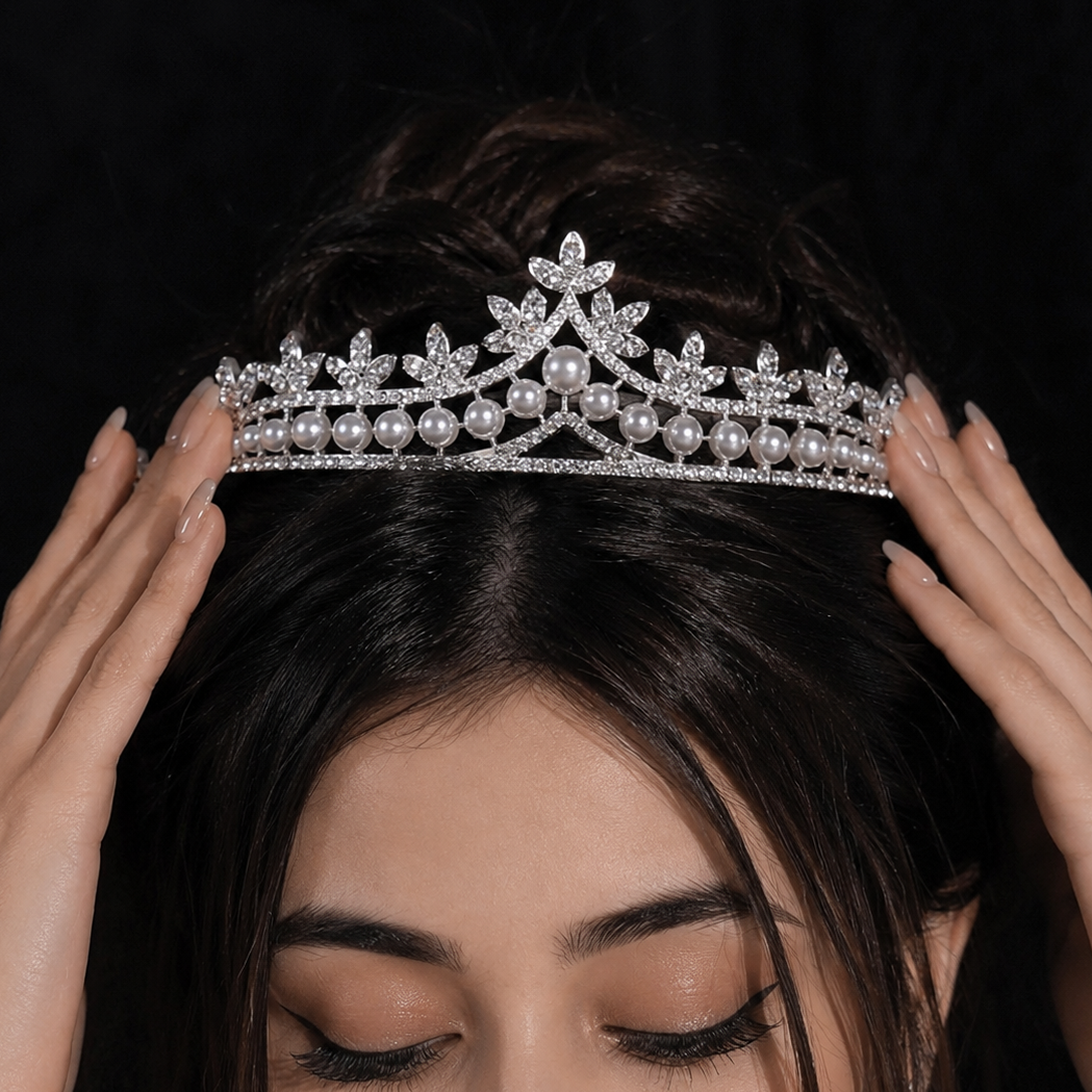 Pakistani Bridal Crown Necklace Earrings Set with Rhinestones