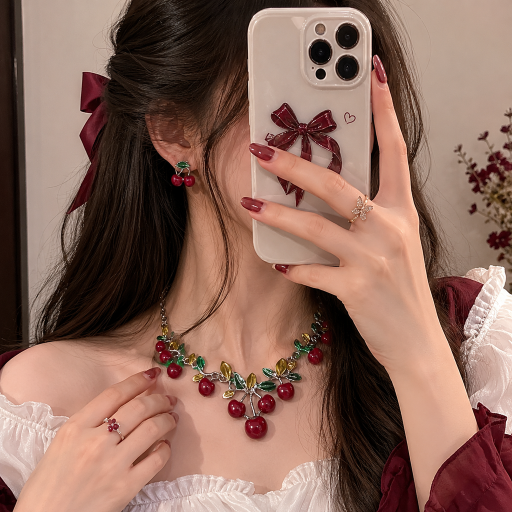 Cherry Necklace Earrings Set for Women