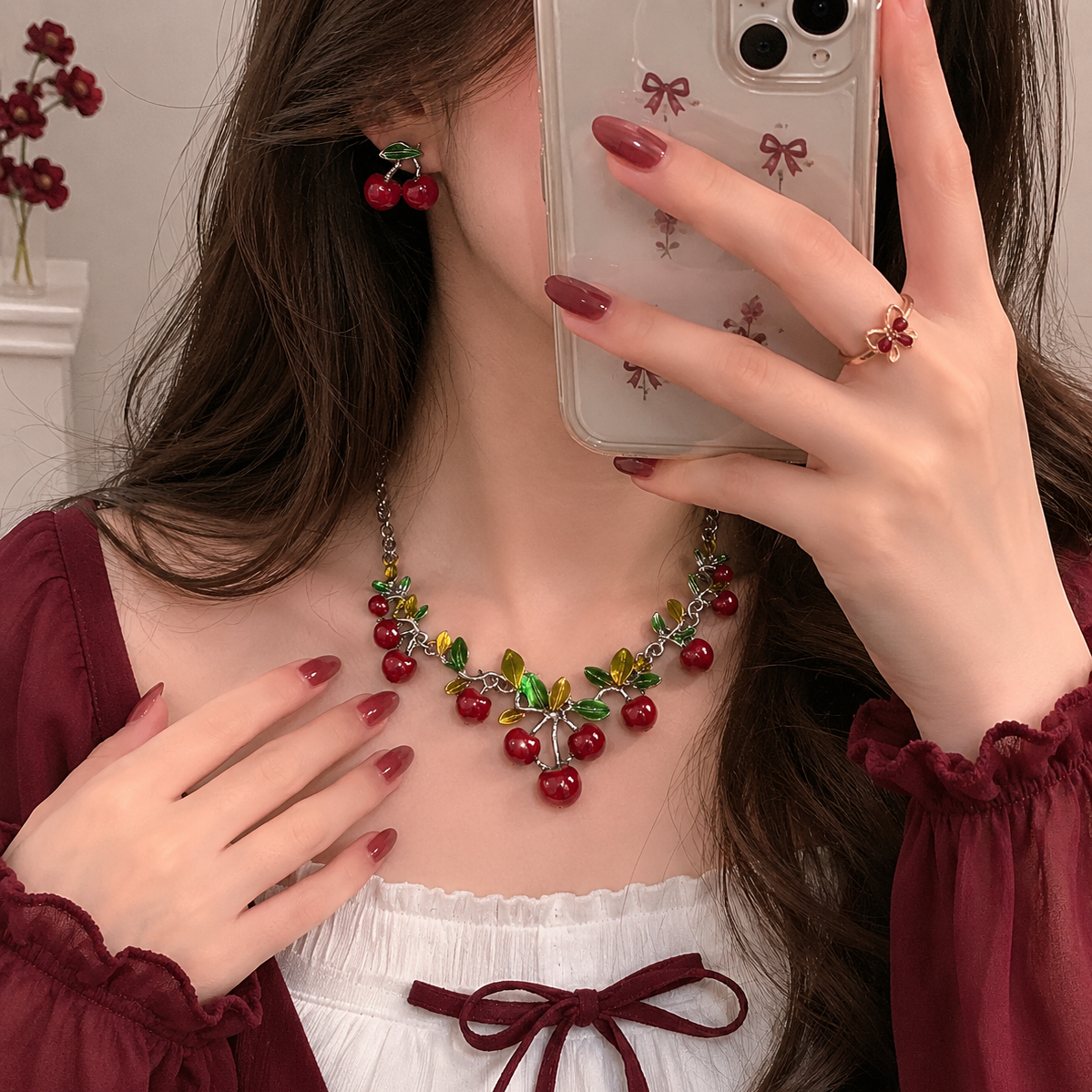 Cherry Necklace Earrings Set for Women
