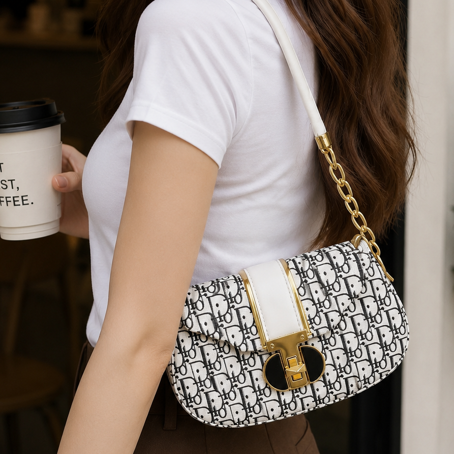 White Monogram Shoulder Bag for Girls with Gold Hardware