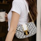 White Monogram Shoulder Bag for Girls with Gold Hardware