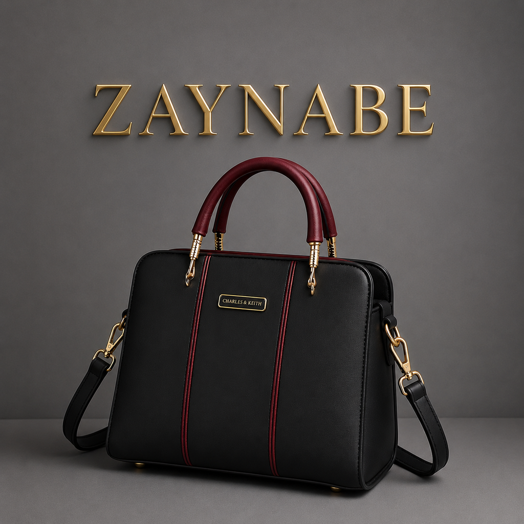 Black Leather Handbag with Belt for Women