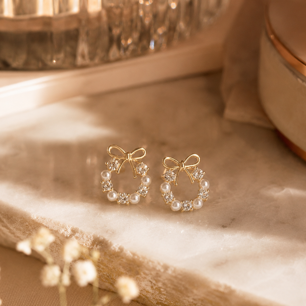Golden Bow Earrings for Women with Crystals & Pearls