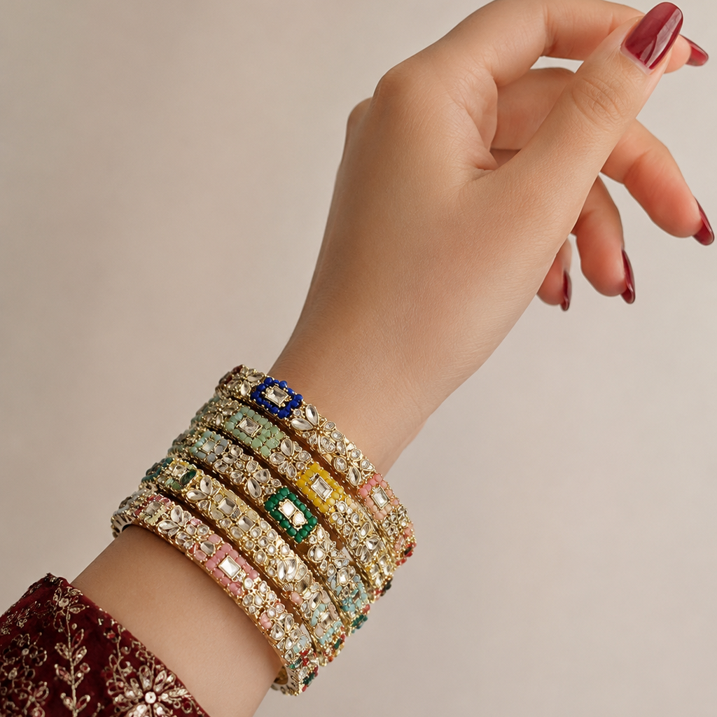 Multicolored Kundan Kara Bangles Set of 4