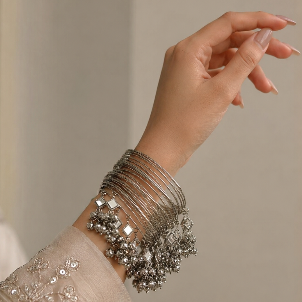 24-Piece Hanging Kara Bangles Silver Mirror Work
