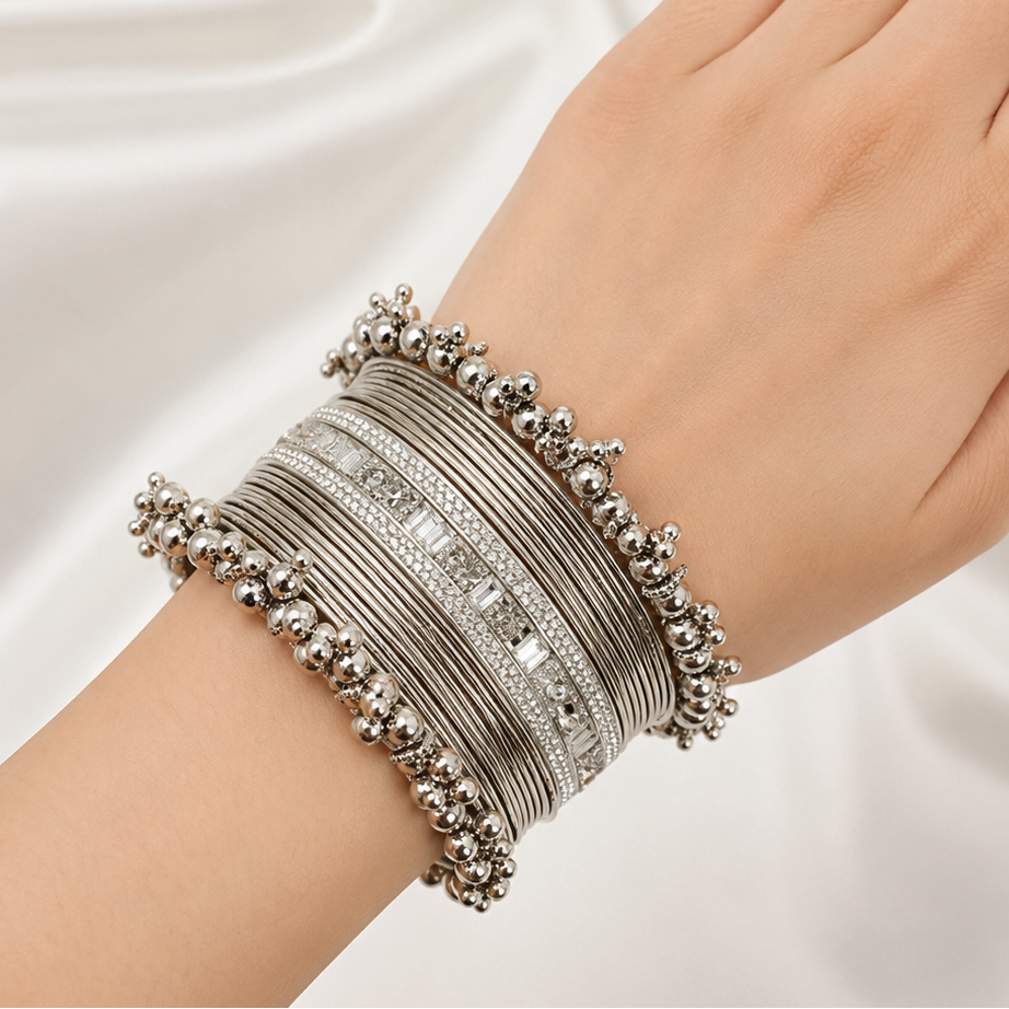 Nagina Kara Bangle Set Silver Finish Wedding Party Wear