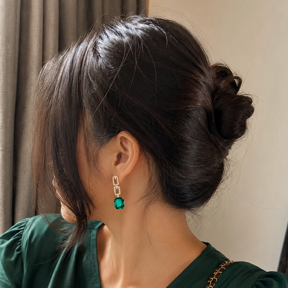 Modern Square Earrings Green Gemstones Alloy Pakistani Women