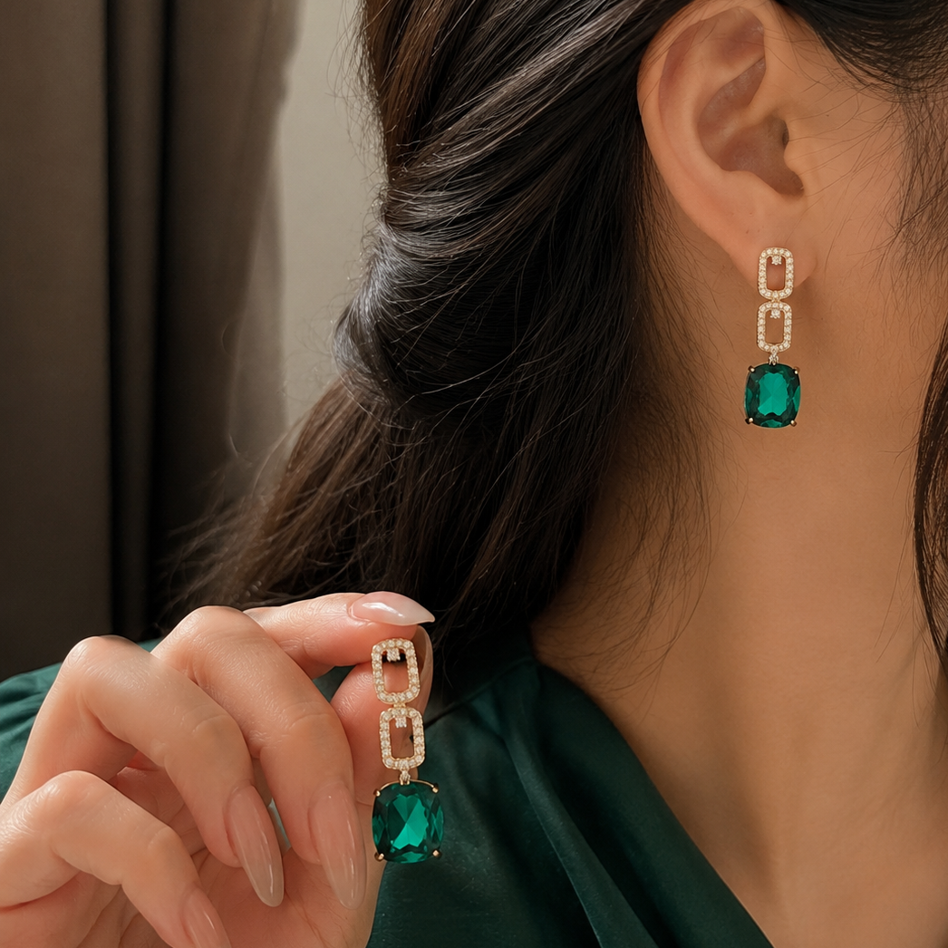 Modern Square Earrings Green Gemstones Alloy Pakistani Women