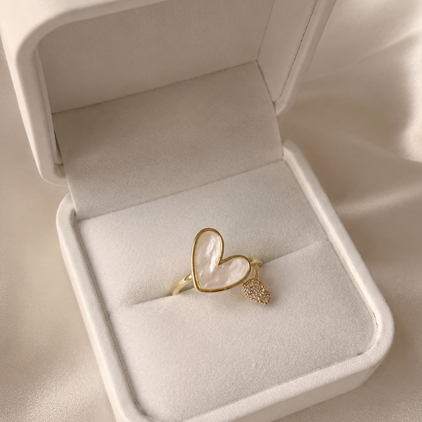Adjustable Heart Ring Off-White Enamel Gold Alloy