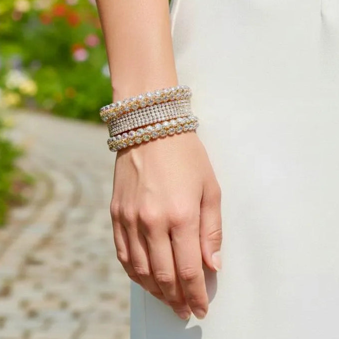 Silver Plated Crystal Kara Bangles Set of 6 for Women