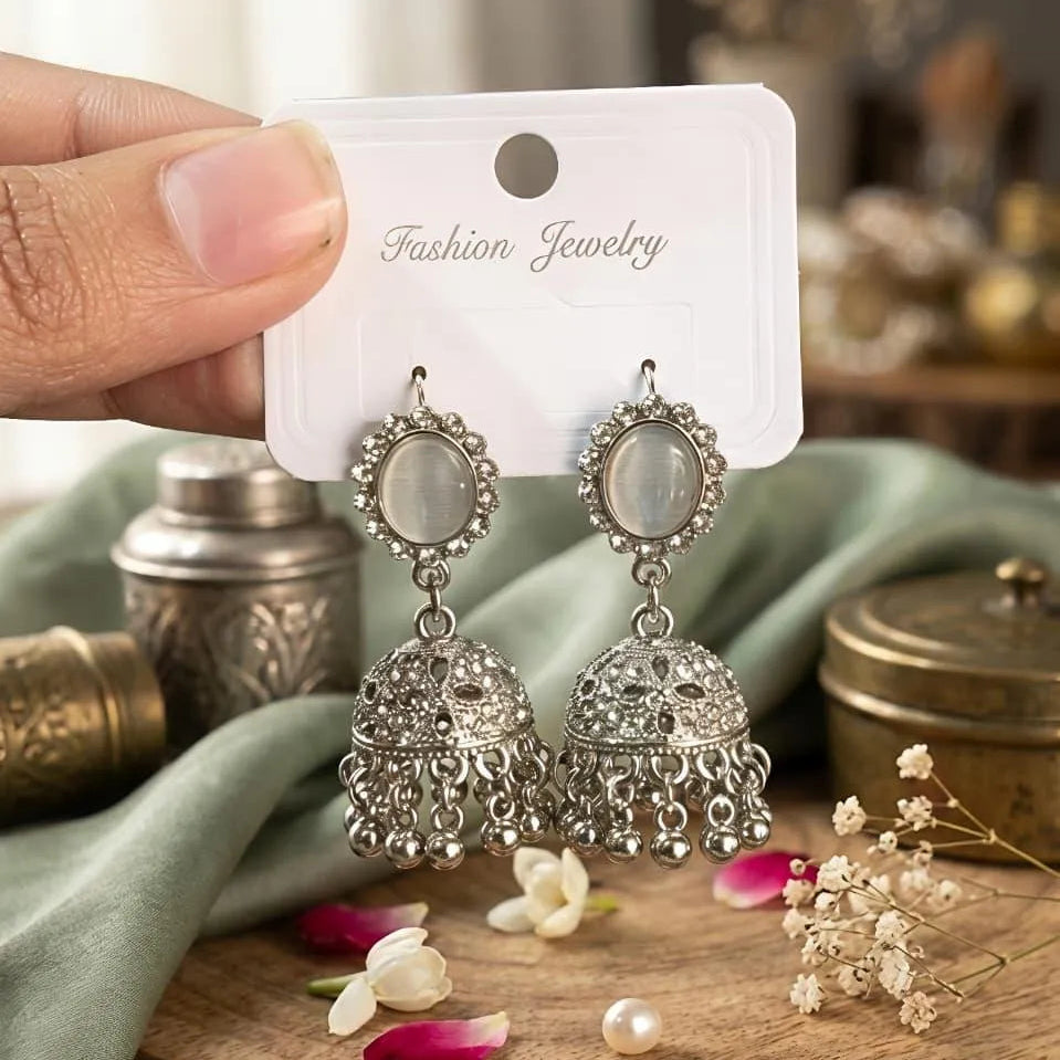 Silver Plated Crystal Jhumka Earrings for Women 2 Pcs