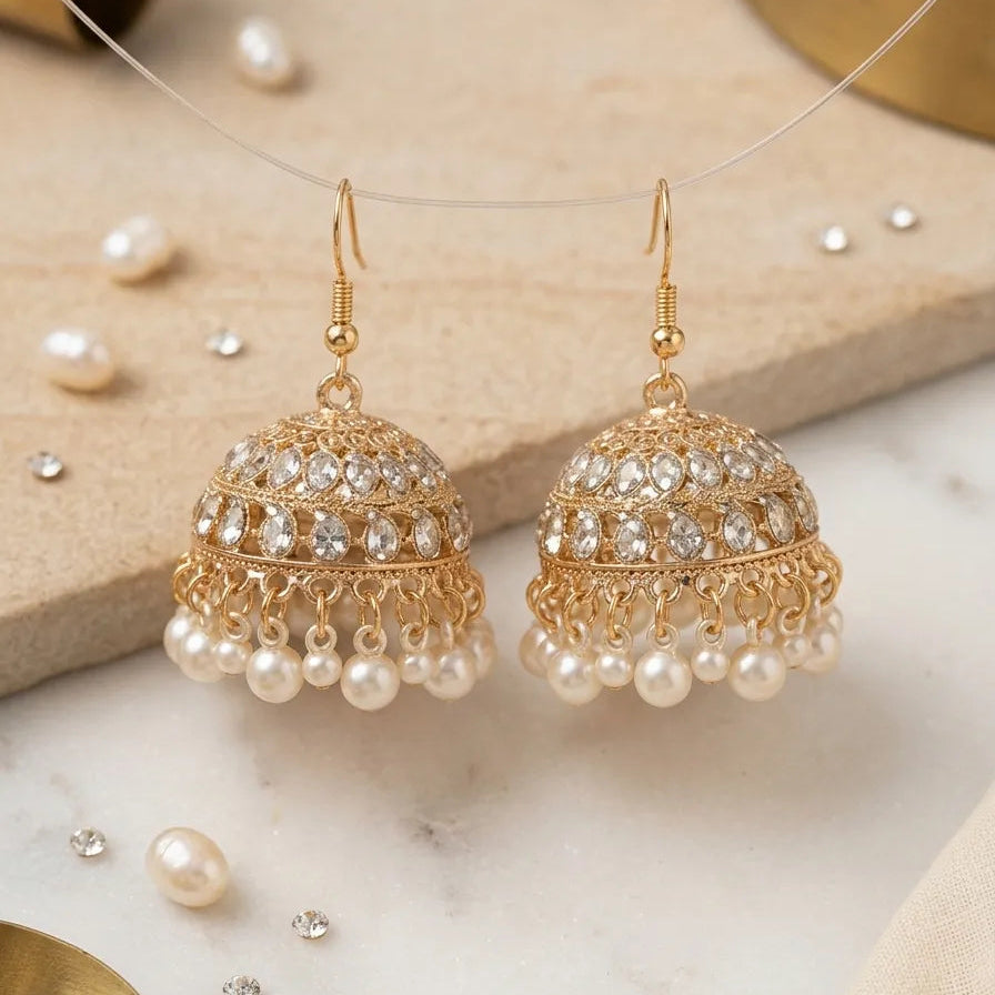Golden Pearl Jhumka Earrings for Women