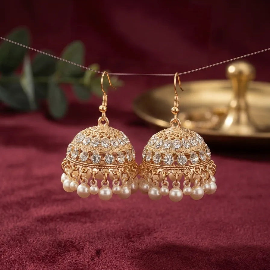 Golden Pearl Jhumka Earrings for Women