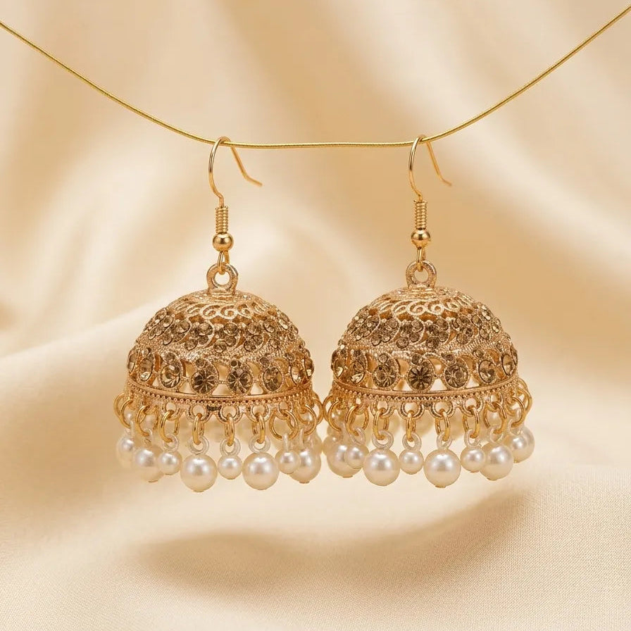 Golden Pearl Jhumka Earrings for Women