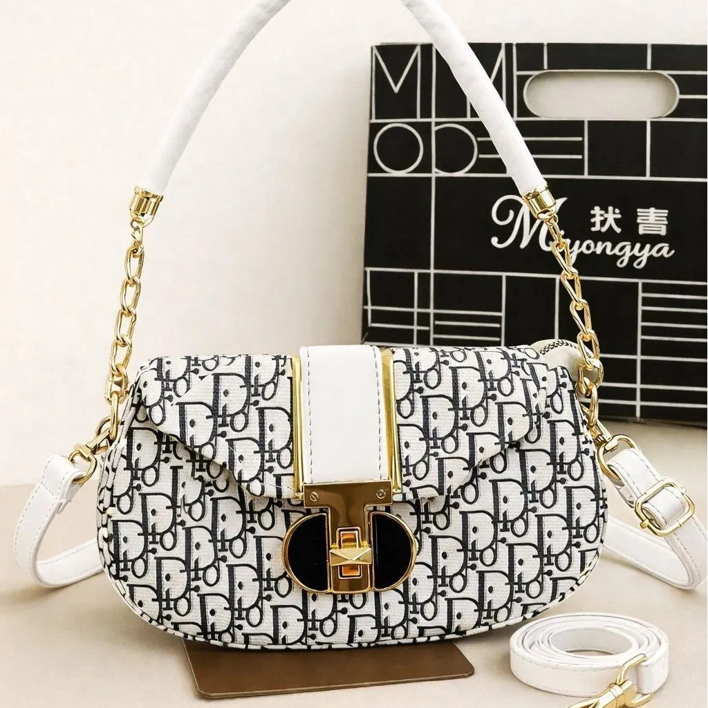 White Monogram Shoulder Bag for Girls with Gold Hardware