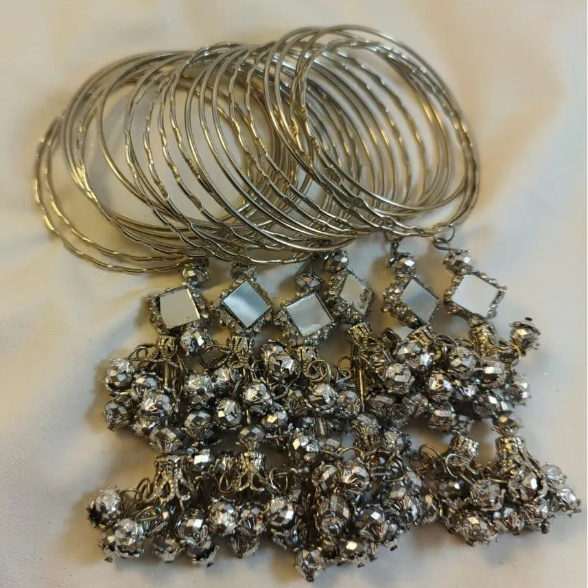 24-Piece Hanging Kara Bangles Silver Mirror Work
