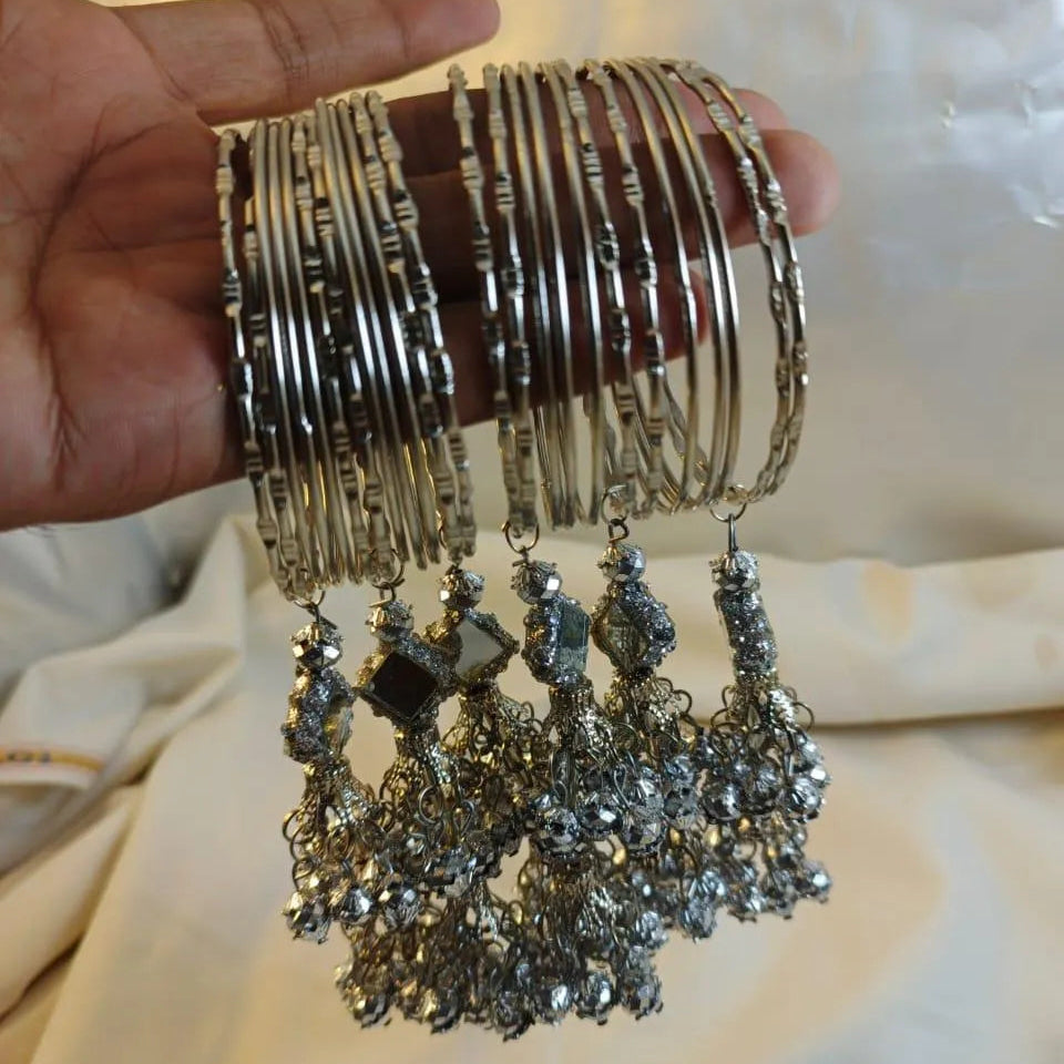 24-Piece Hanging Kara Bangles Silver Mirror Work
