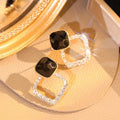 Black Square Stone Earrings with Crystal Halo for Women