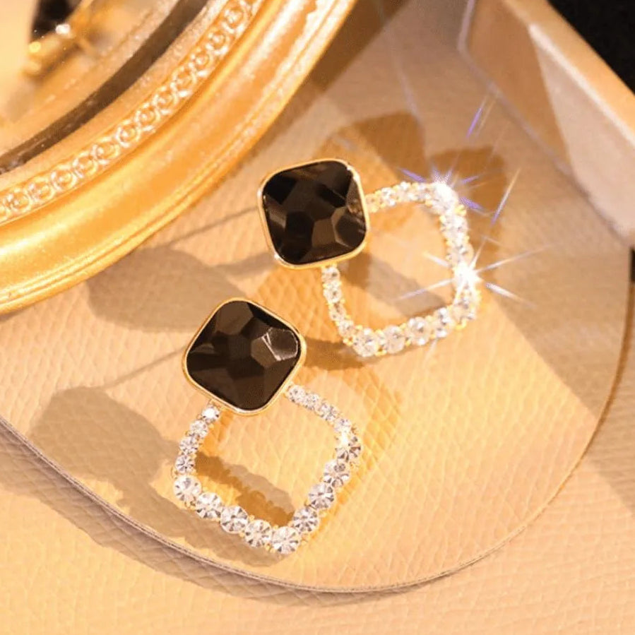 Black Square Stone Earrings with Crystal Halo for Women