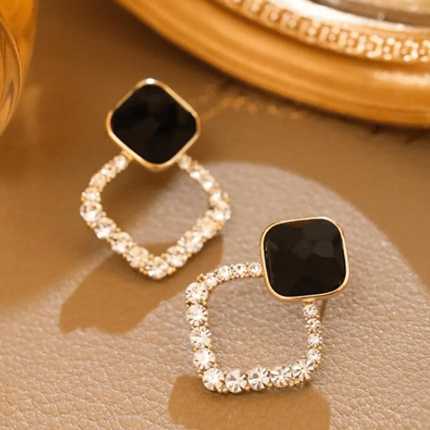 Black Square Stone Earrings with Crystal Halo for Women
