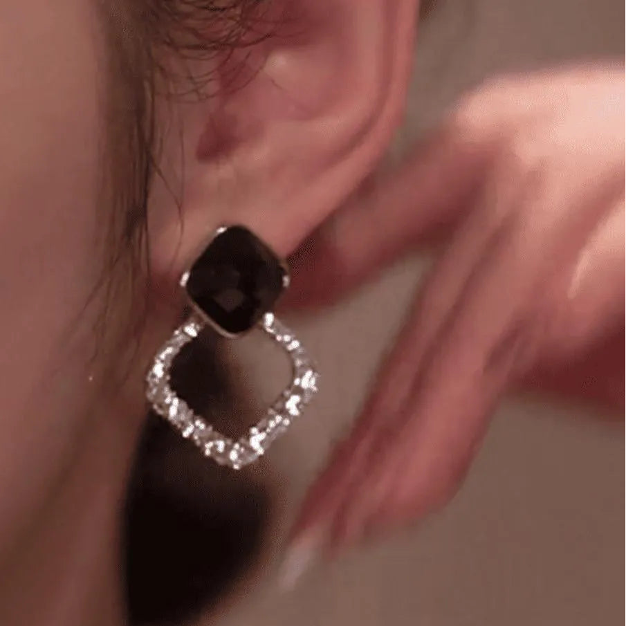 Black Square Stone Earrings with Crystal Halo for Women