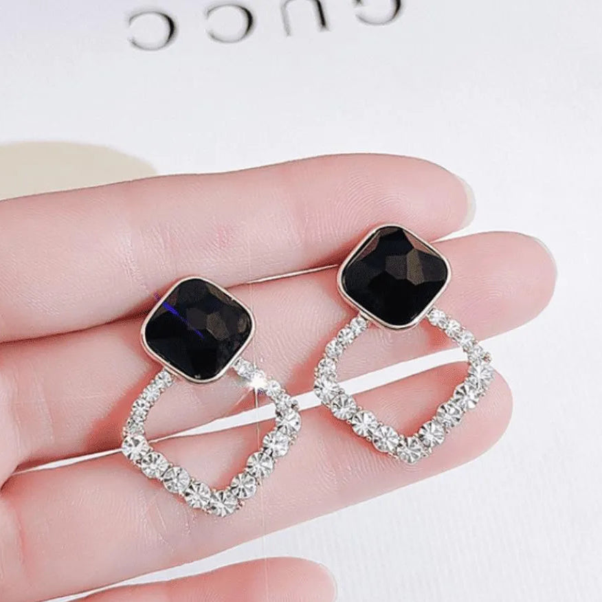 Black Square Stone Earrings with Crystal Halo for Women