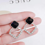 Black Square Stone Earrings with Crystal Halo for Women