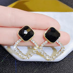 Black Square Stone Earrings with Crystal Halo for Women