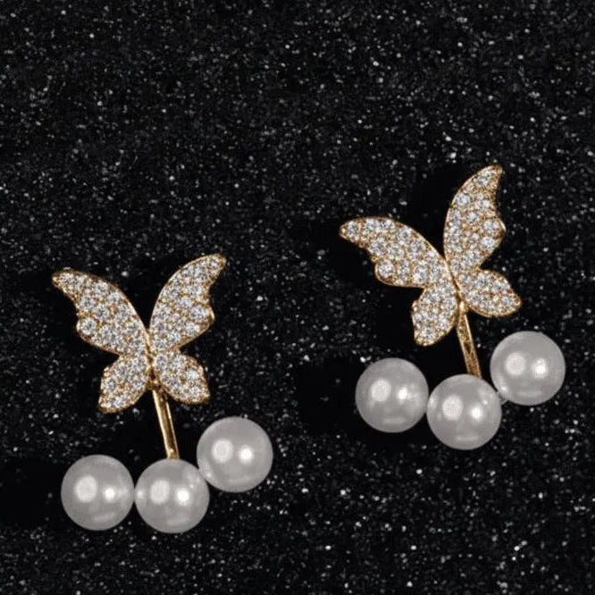 Butterfly Zircon Earrings Golden Silver Pearl Drop