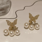 Butterfly Zircon Earrings Golden Silver Pearl Drop