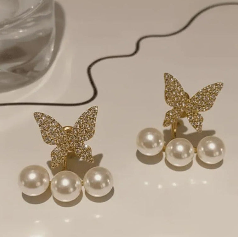Butterfly Zircon Earrings Golden Silver Pearl Drop