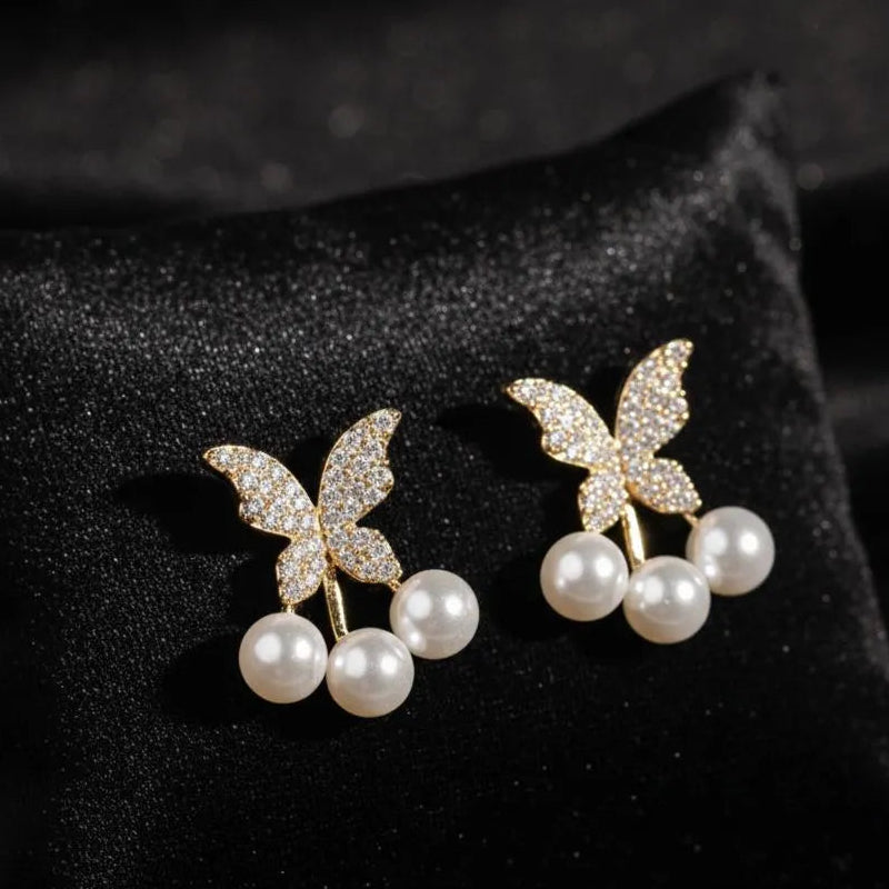 Butterfly Zircon Earrings Golden Silver Pearl Drop