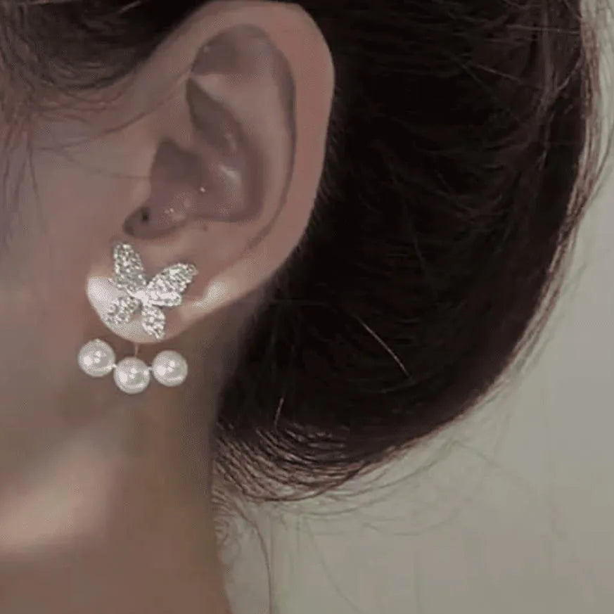Butterfly Zircon Earrings Golden Silver Pearl Drop