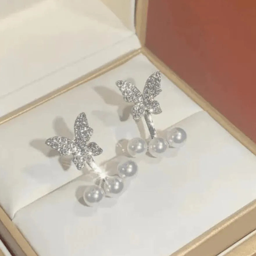 Butterfly Zircon Earrings Golden Silver Pearl Drop