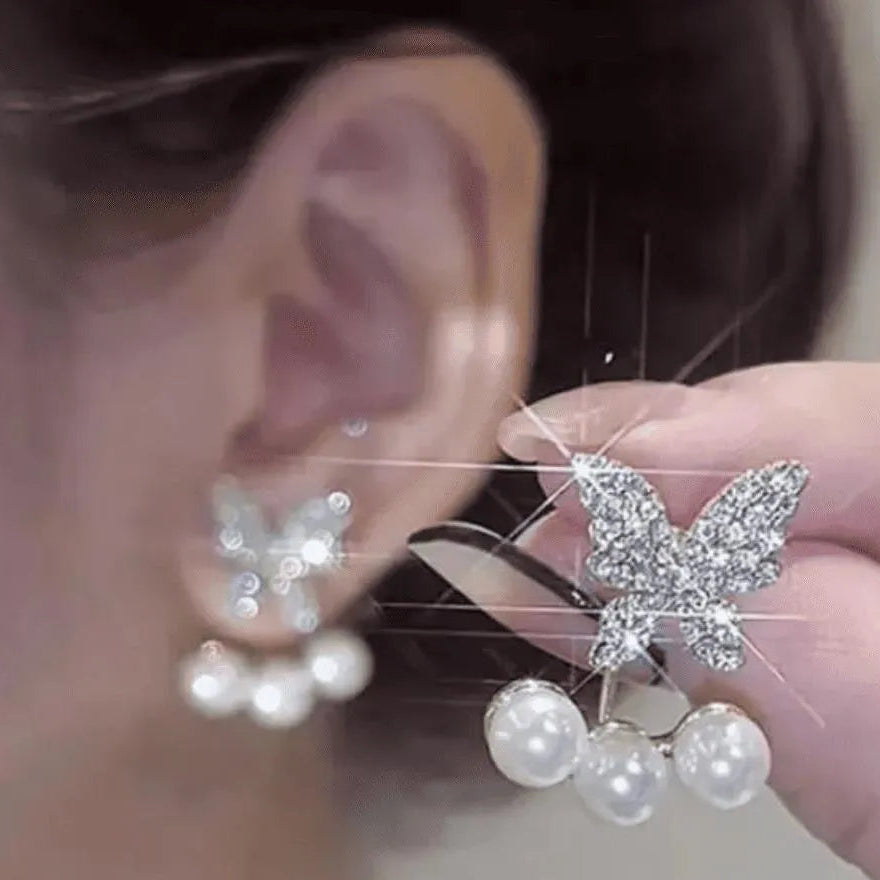 Butterfly Zircon Earrings Golden Silver Pearl Drop