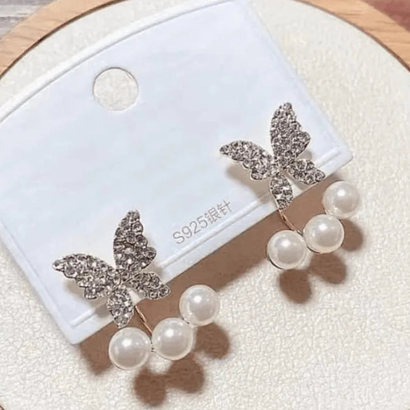 Butterfly Zircon Earrings Golden Silver Pearl Drop