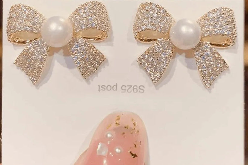 Bow Earrings Gold Pearl Sparkling Zircon S925
