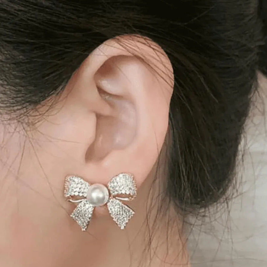 Bow Earrings Gold Pearl Sparkling Zircon S925