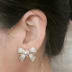 Bow Earrings Gold Pearl Sparkling Zircon S925