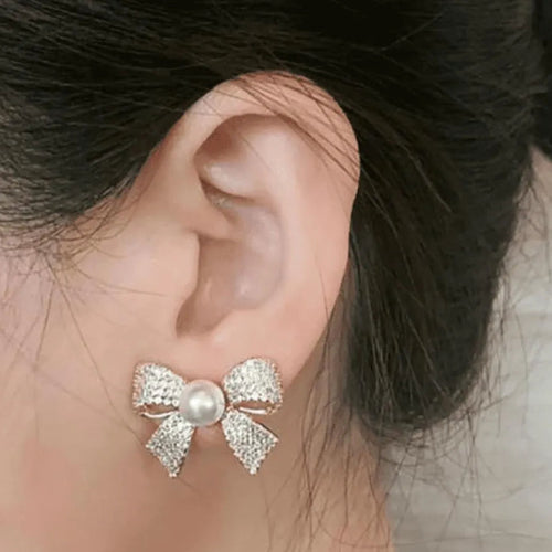 Bow Earrings Gold Pearl Sparkling Zircon S925