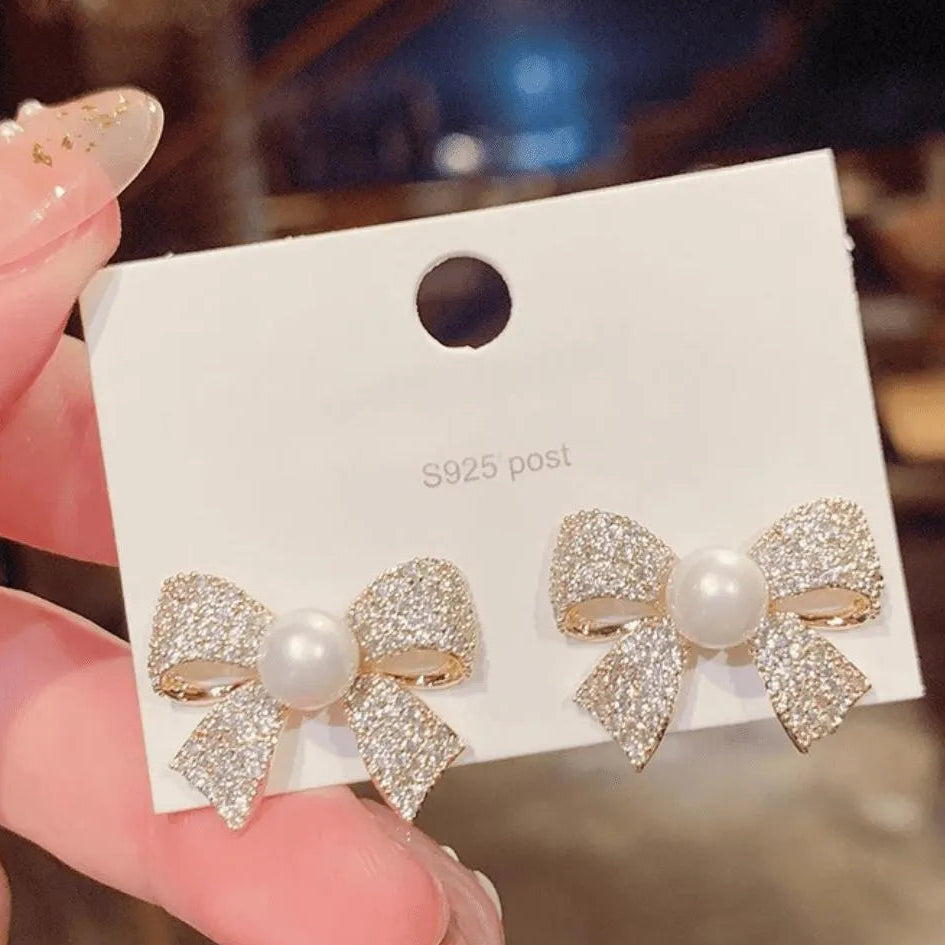 Bow Earrings Gold Pearl Sparkling Zircon S925