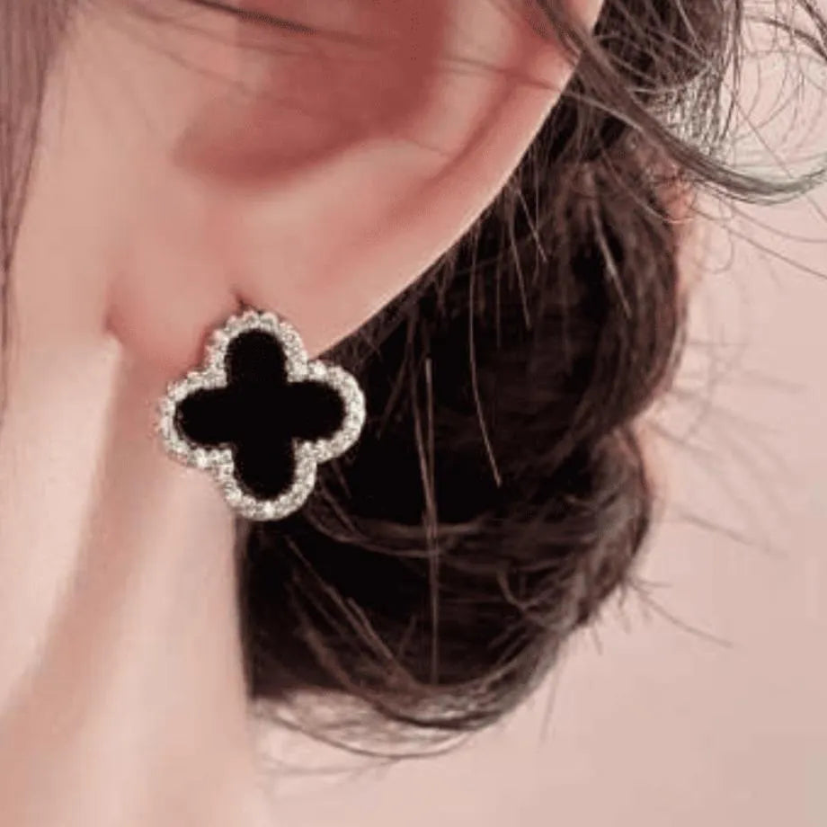 Clover Earrings Black Zircon Gold Plated