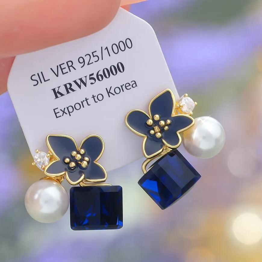 Cherry Blossom Crystal Earrings Pink Blue Silver