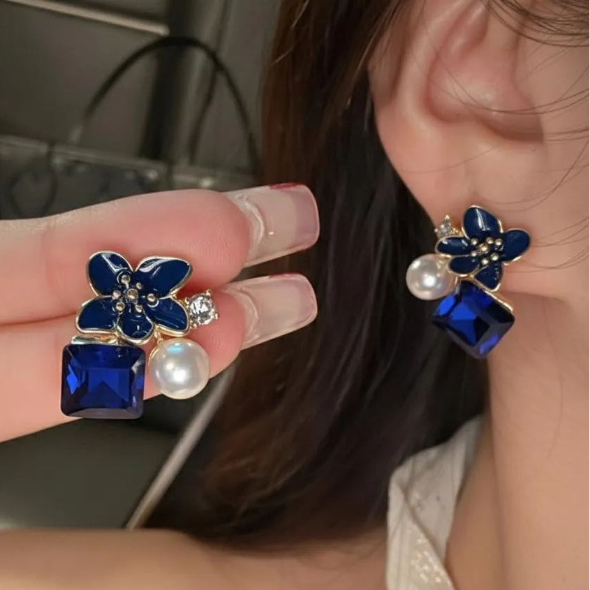 Cherry Blossom Crystal Earrings Pink Blue Silver