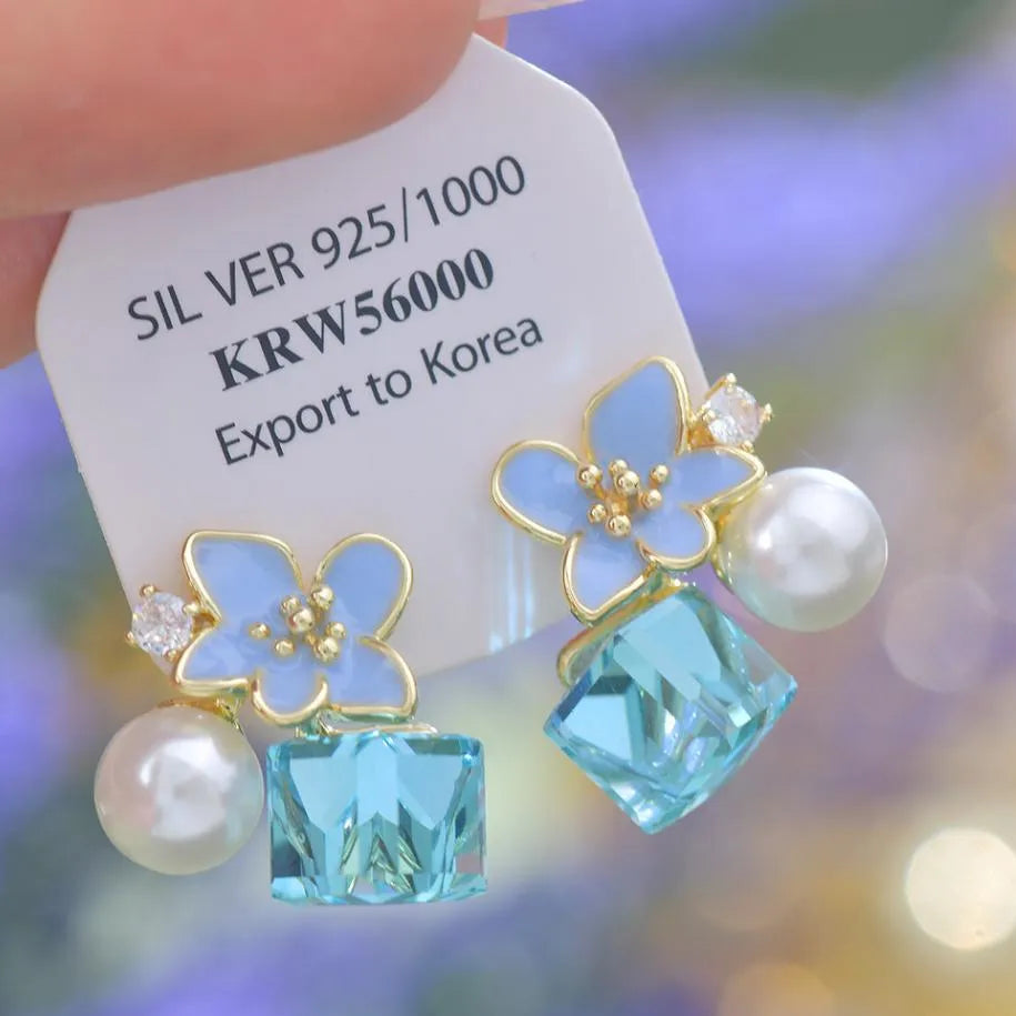 Cherry Blossom Crystal Earrings Pink Blue Silver
