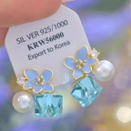 Cherry Blossom Crystal Earrings Pink Blue Silver