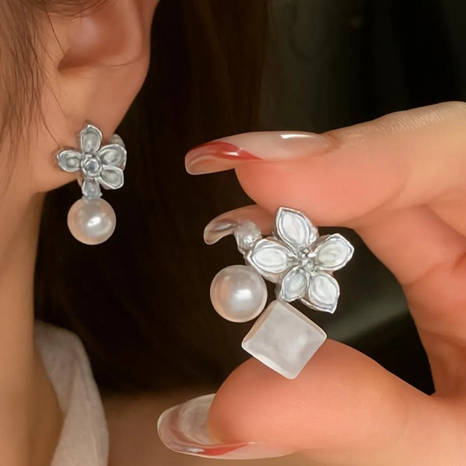 Cherry Blossom Crystal Earrings Pink Blue Silver