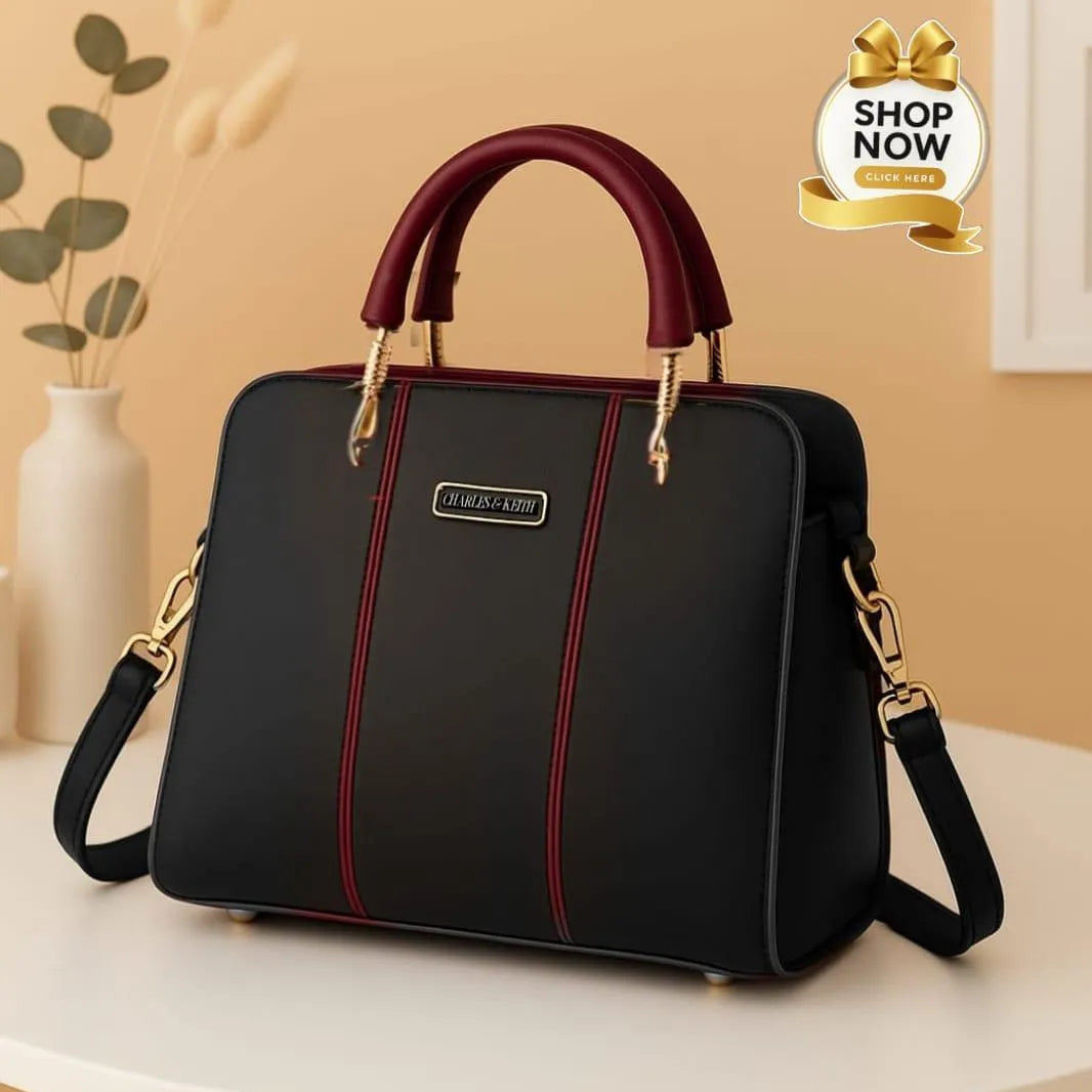 Black Leather Handbag with Belt for Women